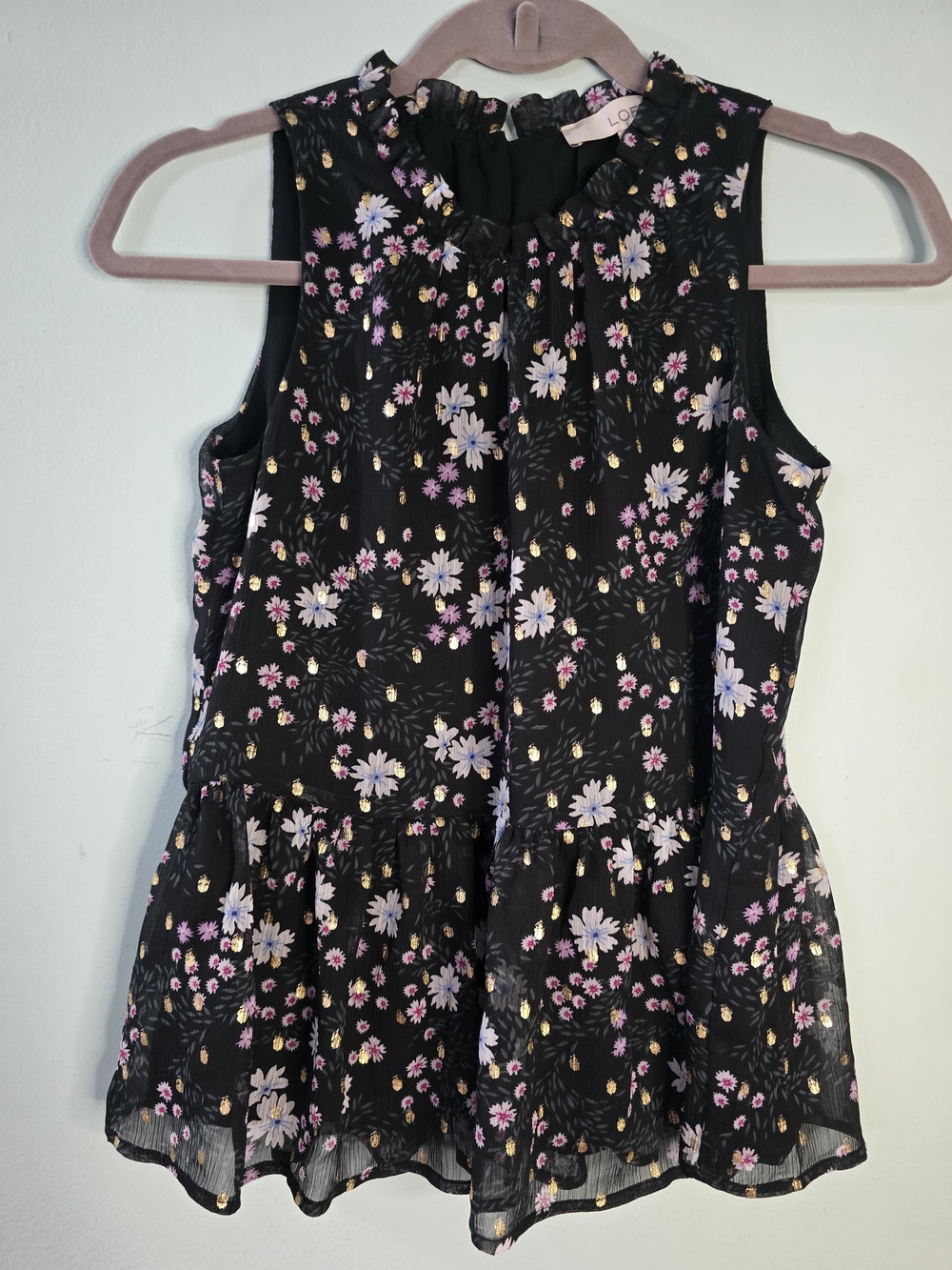 LOFT Petites P2XS Black Chiffon Floral Ruffle High Neck Sleeveless Blouse - Picture 2 of 15